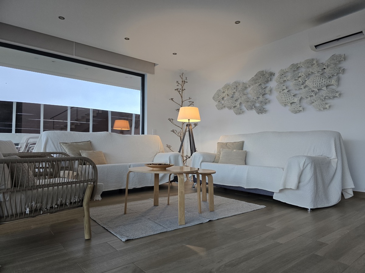 Villa living room sofas with decorative fish wall art